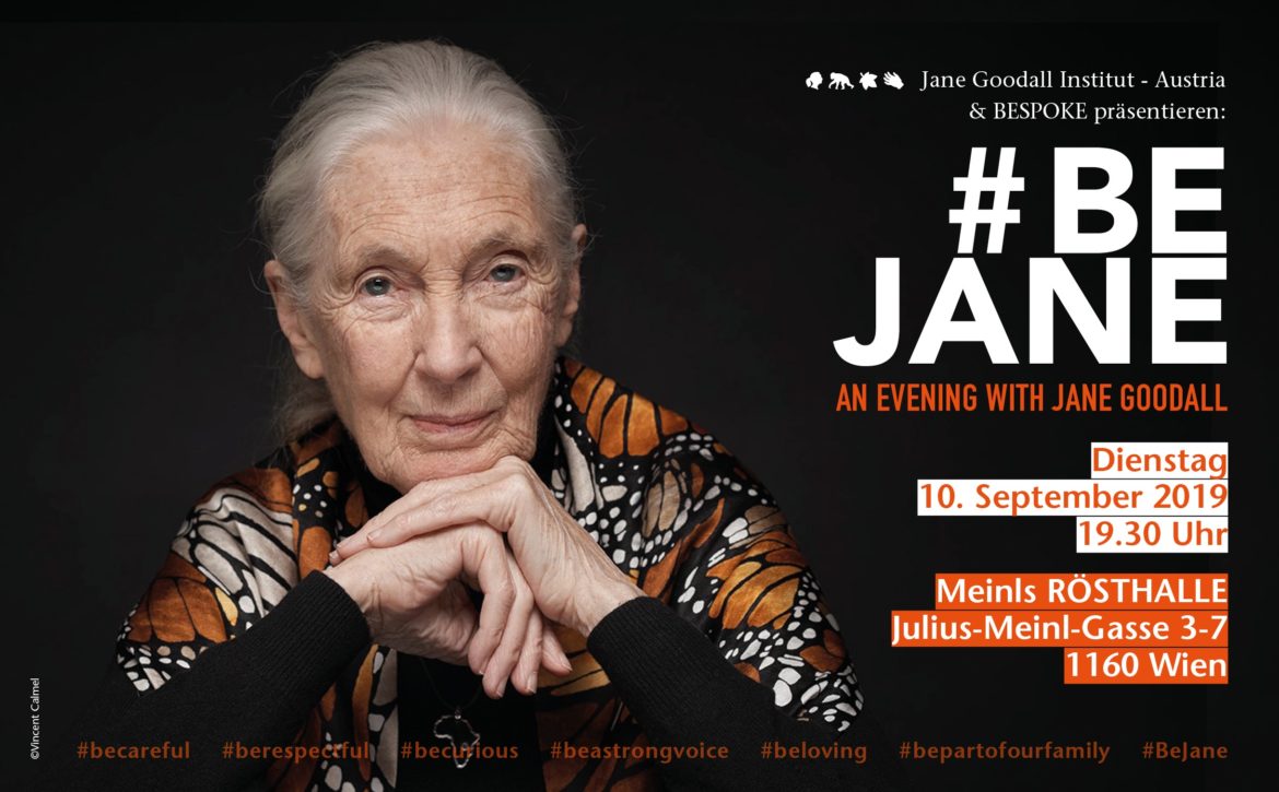 Einladung zu einem Abend mit Jane Goodall mit einem Porträt von ihr
