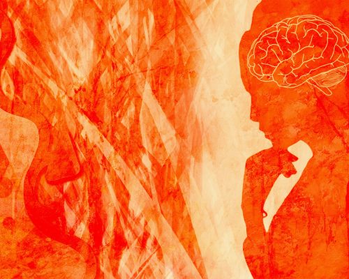 Gemaltes Bild in orange, Frau in Denkerpose und Gehirn grafisch sichtbar