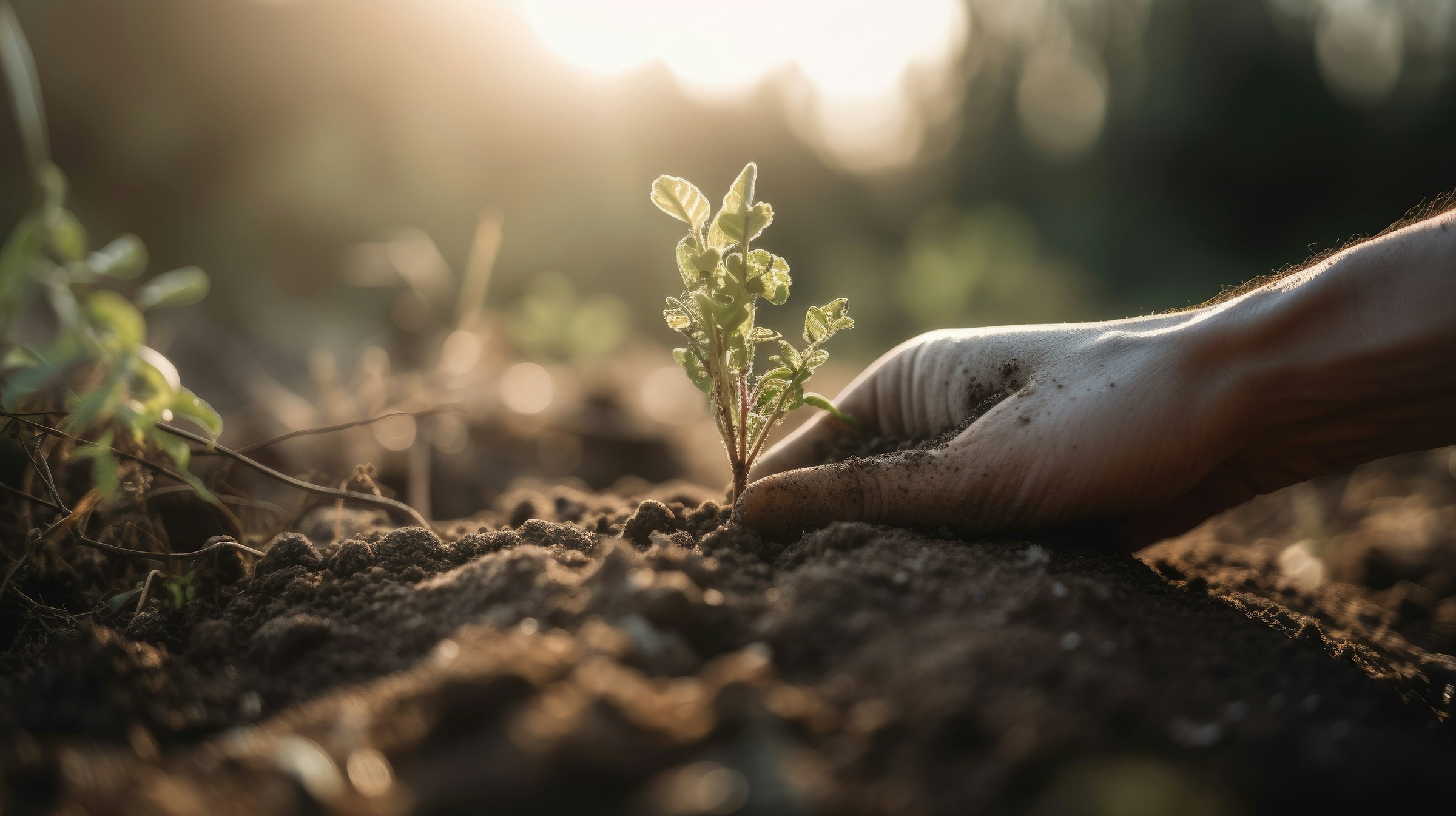 Hand in Erde mit Pflanze für Anbau